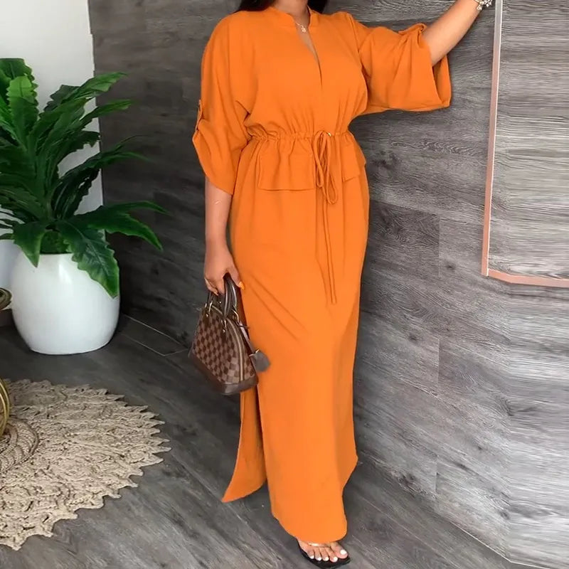 Robe Fendue À Col En V Taille Avec Cordon De Serrage - Chic&Shines
