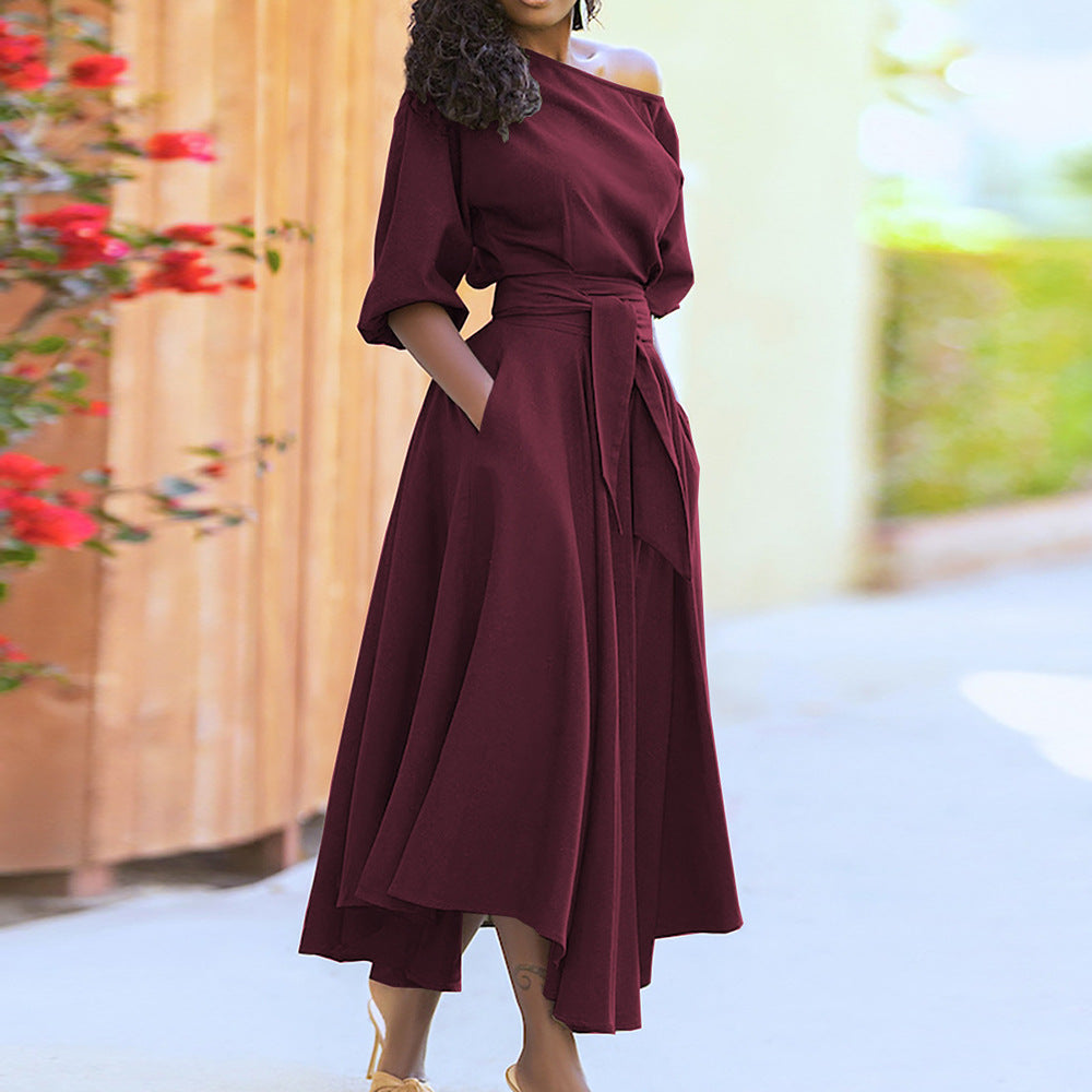 Robe longue irrégulière épaule inclinée manches longues lanterne - Chic&Shines