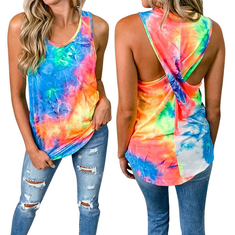Débardeur Tie Dye Col Rond Dos Croisées Décontractée - Chic&Shines