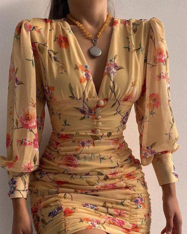 Robe courte à manches longues col V taille haute mousseline femme élégante - Chic&Shines