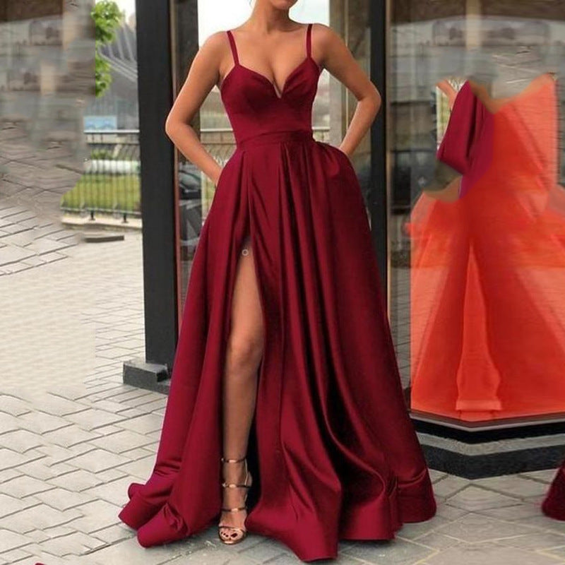 Robe longue satin à bretelles fente latérale élégant couleur unie - Chic&Shines