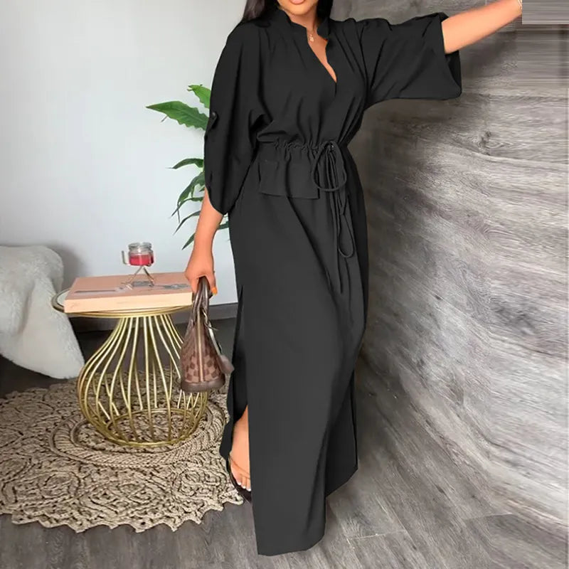 Robe Fendue À Col En V Taille Avec Cordon De Serrage - Chic&Shines