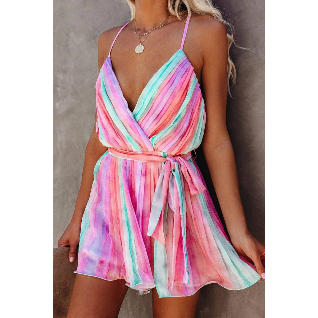 Robe courte col V À Bretelles Spaghetti En Mousseline De Soie - Chic&Shines