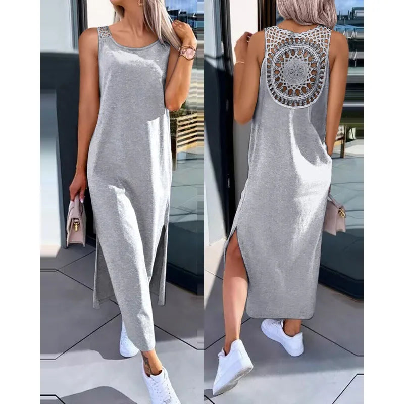 Robe longue fendue sans manche en dentelle - Chic&Shines