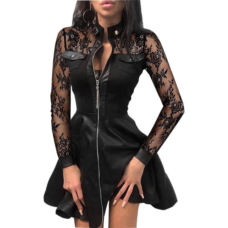 Robe courte manches longues col haut à fermeture éclair - Chic&Shines