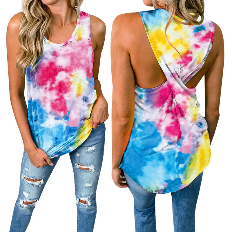 Débardeur Tie Dye Col Rond Dos Croisées Décontractée - Chic&Shines