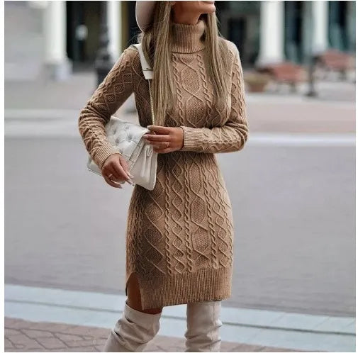 Robe courte automne tricotée col roulé manches longues - Chic&Shines