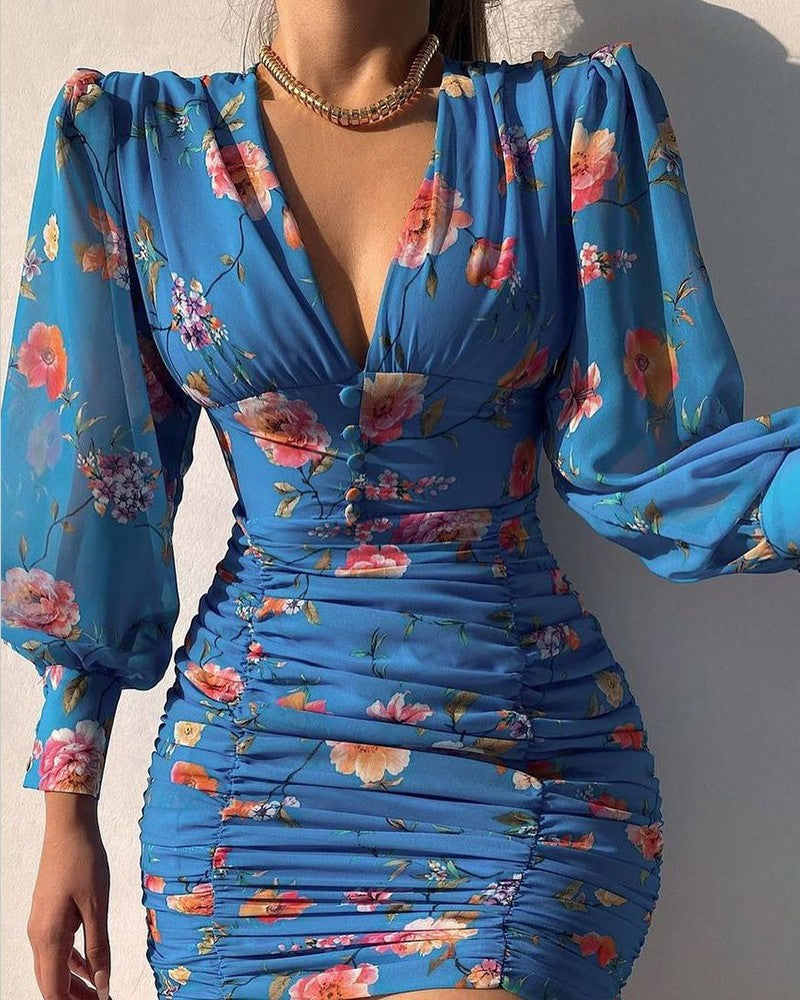 Robe courte à manches longues col V taille haute mousseline femme élégante - Chic&Shines