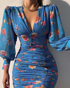 Robe courte à manches longues col V taille haute mousseline femme élégante - Chic&Shines