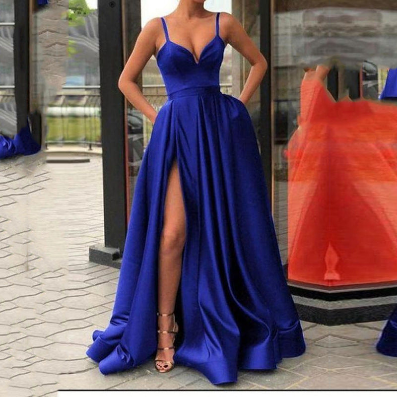 Robe longue satin à bretelles fente latérale élégant couleur unie - Chic&Shines