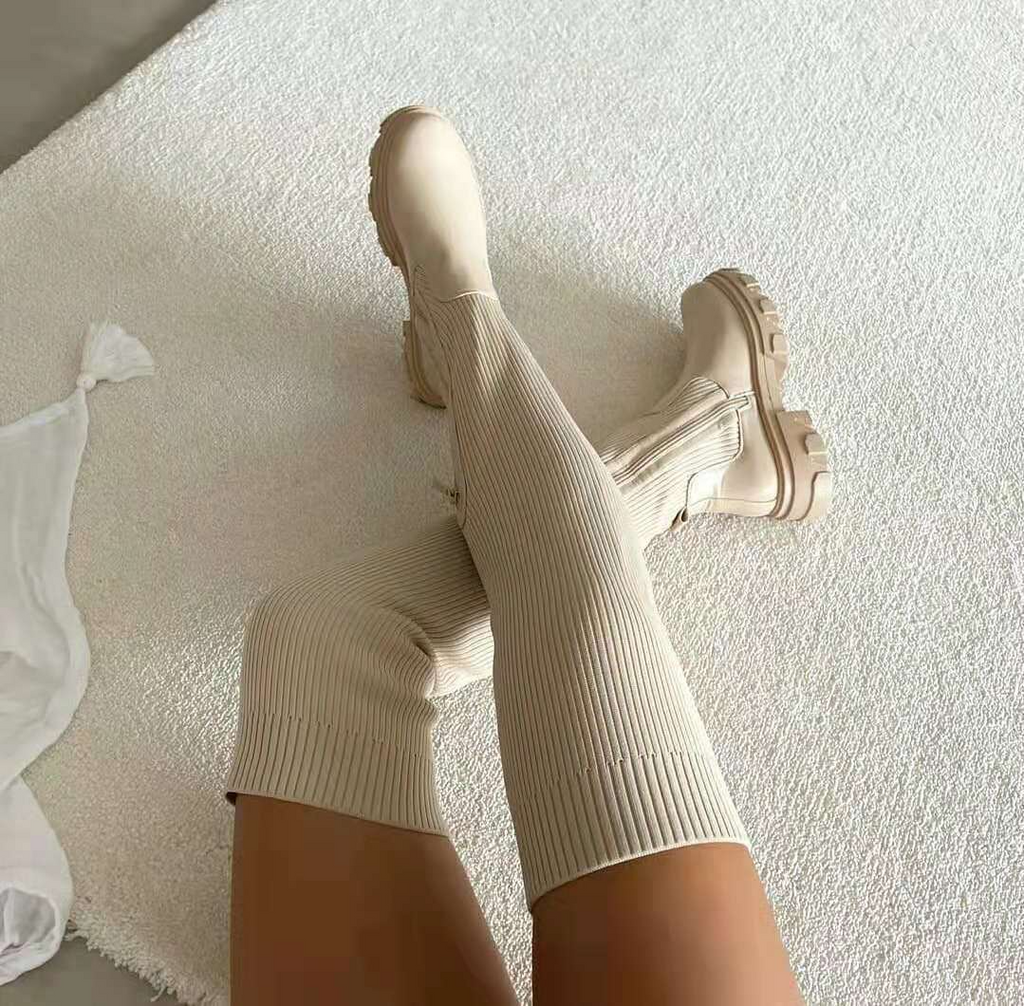 Bottes hiver en tricot élastique hauteur genou semelles épaisses fermeture éclair - Chic&Shines