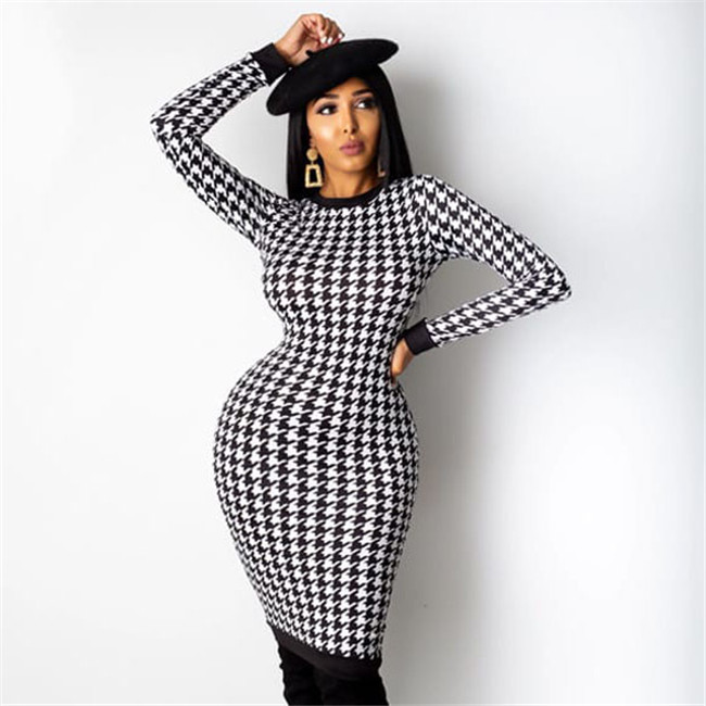 Houndstooth long sleeve bodycon midi dress