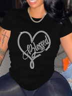 T-shirt col rond manches courtes graphique forme de cœur strass - Chic&Shines