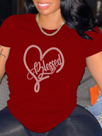T-shirt col rond manches courtes graphique forme de cœur strass - Chic&Shines