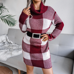 Robe courte tricotée col roulé à manches longues mode plaid d'hiver - Chic&Shines