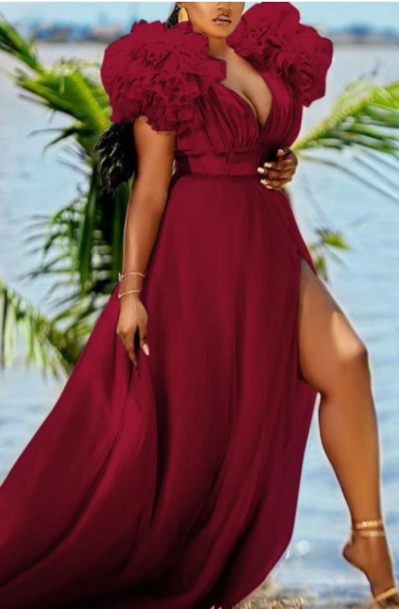 Robe De Soirée Longue Taille Haute Fendue En Maille - Chic&Shines