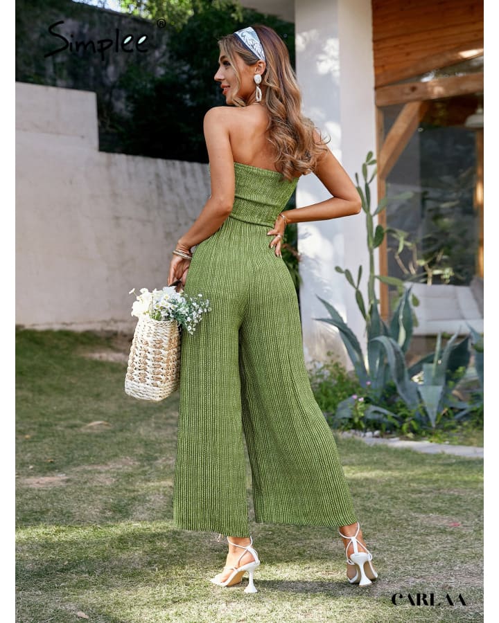 Green Striped Strapless Jumpsuit
