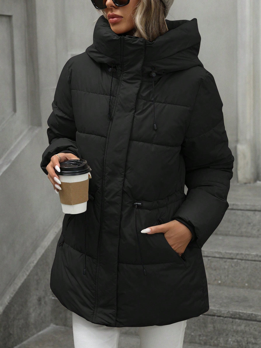 Manteau mi-long matelassé à capuche - Chic&Shines