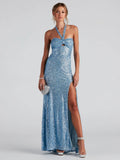 Robe longue pailletée col halter bleu émeraude