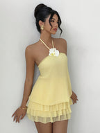 Mini-robe d'été à fleurs 3D et dos nu