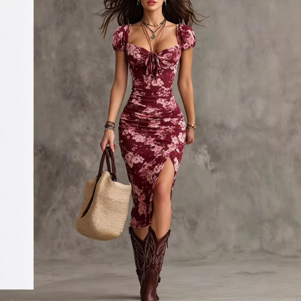 Vintage Puff Sleeve Slit Dress