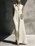 Robe lin-coton col Mandarin motif floral
