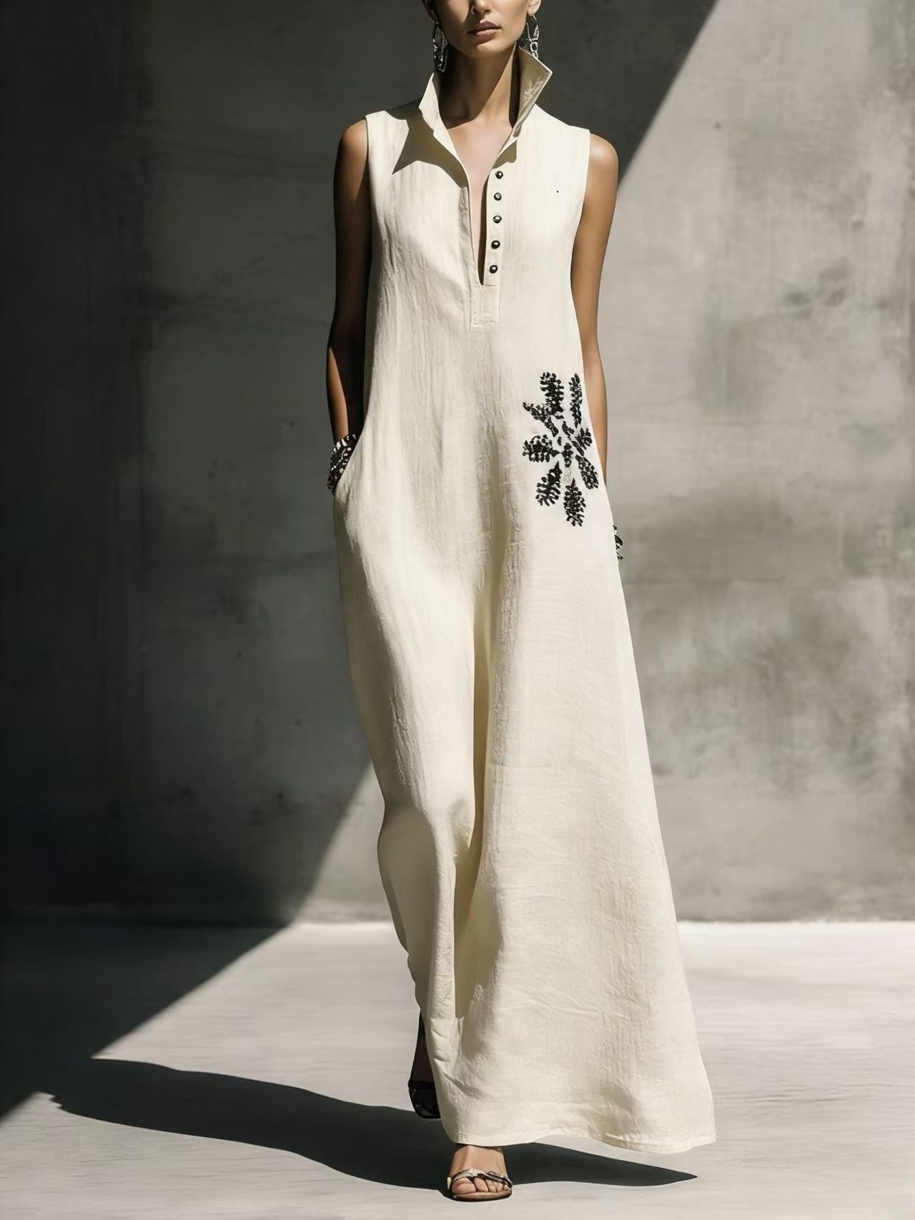 Robe lin-coton col Mandarin motif floral