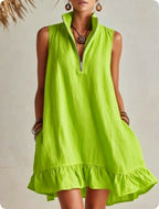Robe trapèze sans manches à col demi-zip et volant