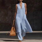 Robe lin col V sans manches — Élégance minimaliste