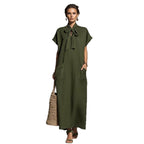 Robe longue vert militaire lin-coton à ceinture