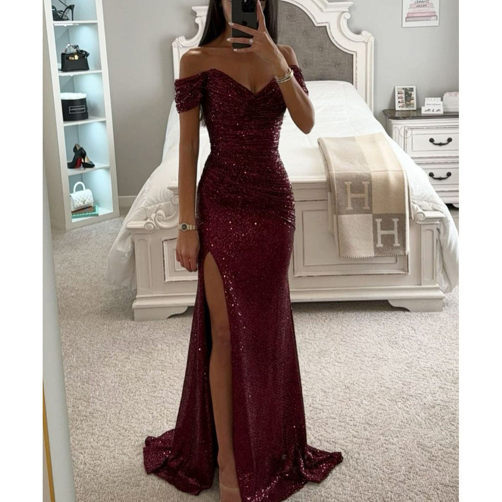 Robe de soirée d'automne pour femmes - robe longue pailletée décolletée avec fente pour le mariage et la fête