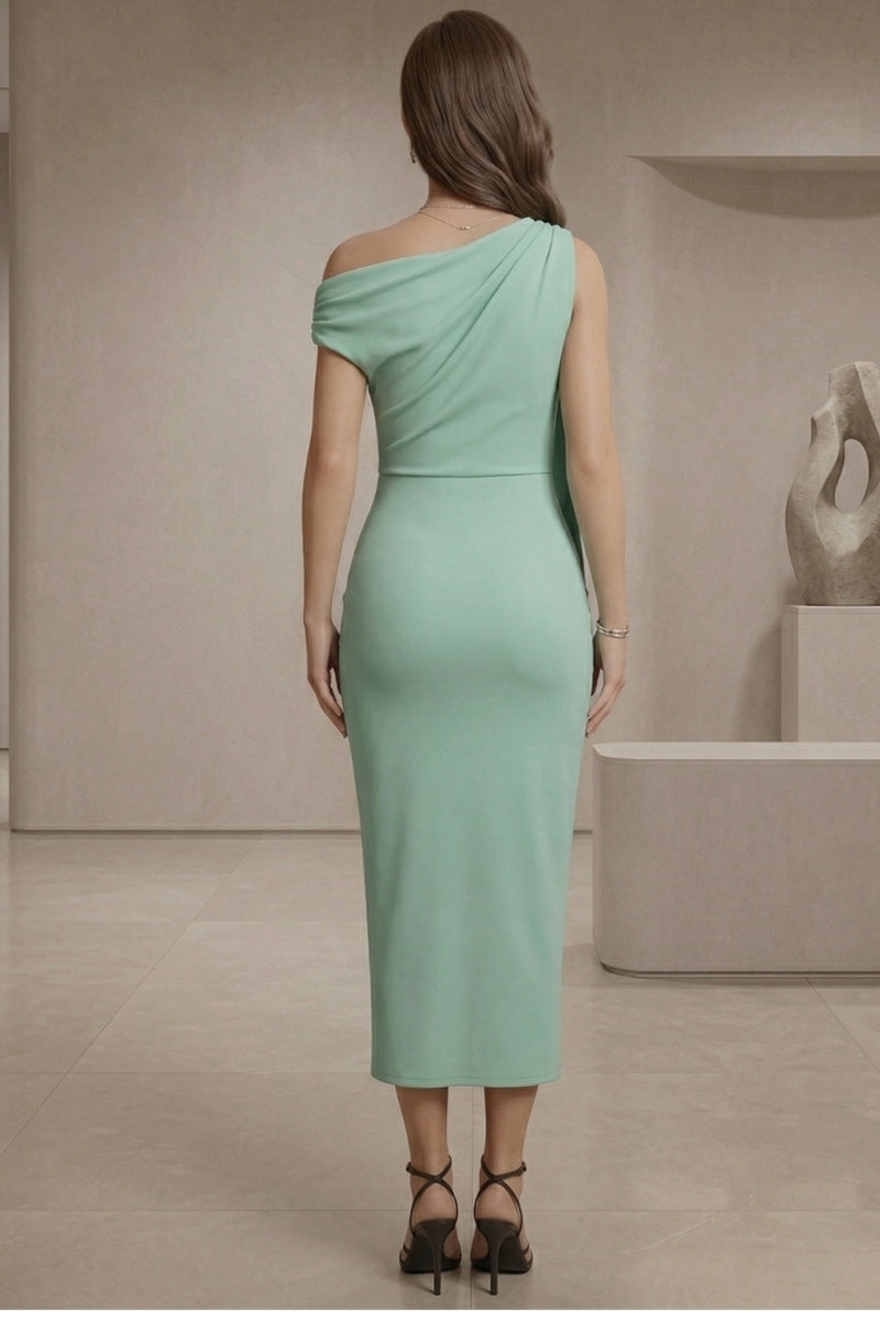 Sage green wrap neck midi dress