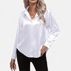Chemisier boutonné en satin pour femme – Chemise classique à manches longues et revers