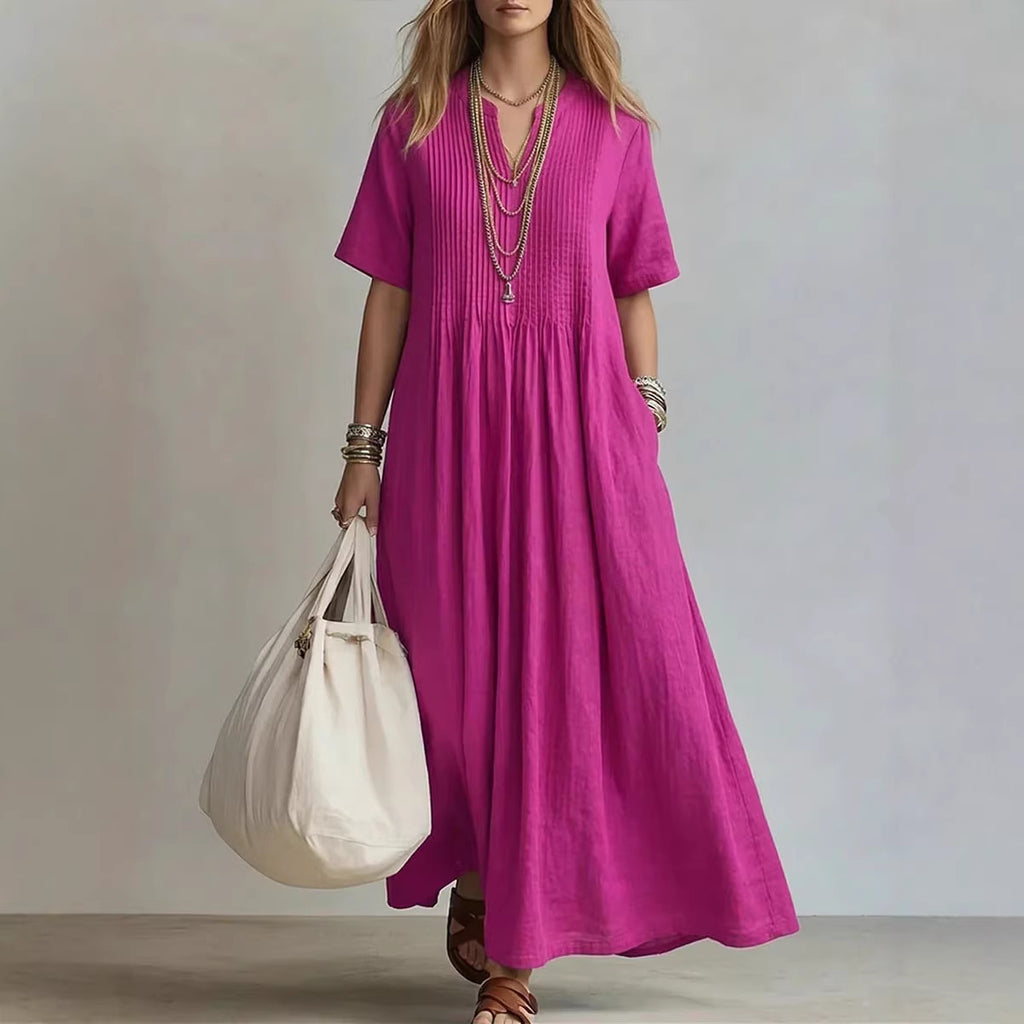Robe lin coton longueur maxi, col V et fronces