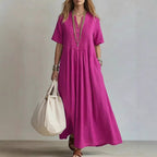 Robe lin coton longueur maxi, col V et fronces