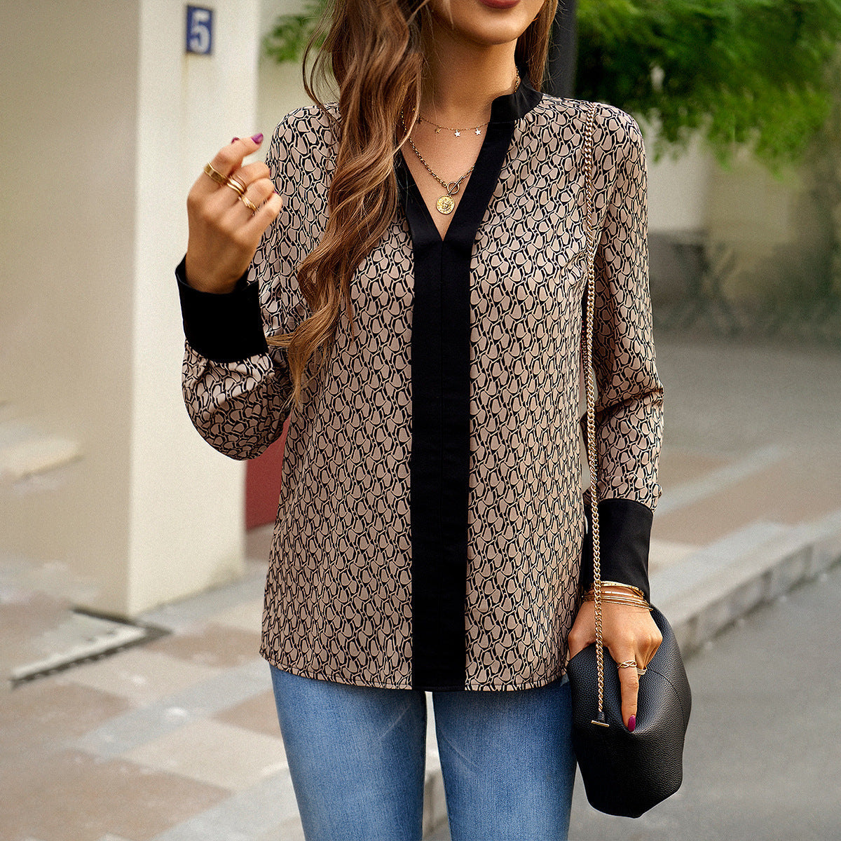 Haut manches longues col en V imprimé - Chic&Shines