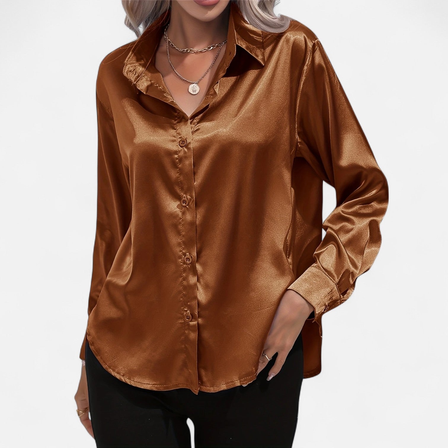 Chemisier boutonné en satin pour femme – Chemise classique à manches longues et revers