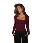 Square neck burgundy long-sleeve slim fit top