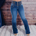 Jean taille haute à boutons extensible