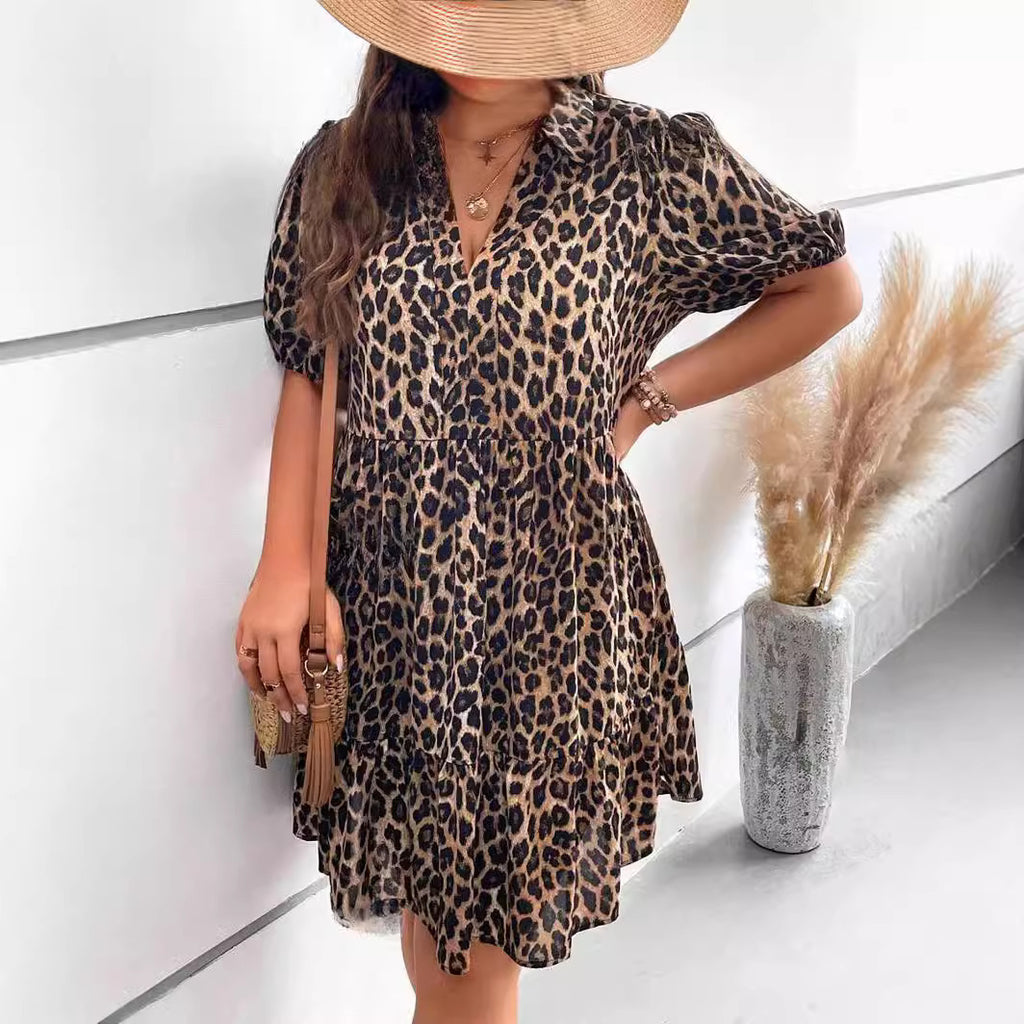 Leopard print midi dress with V-neck and bell sleeves