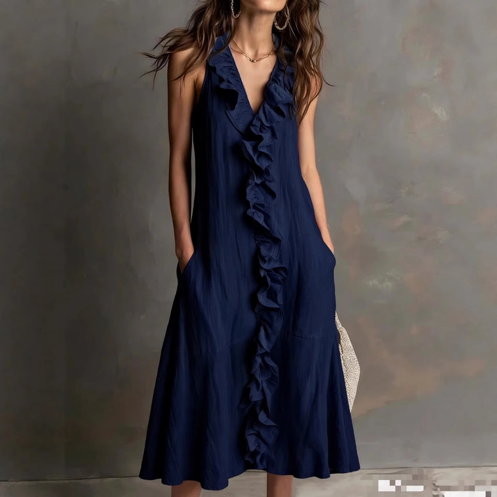 Robe longue lin-coton décolleté V volant