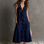 Robe longue lin-coton décolleté V volant