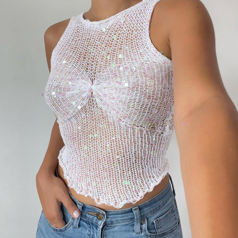 Sheer knit sleeveless crop top