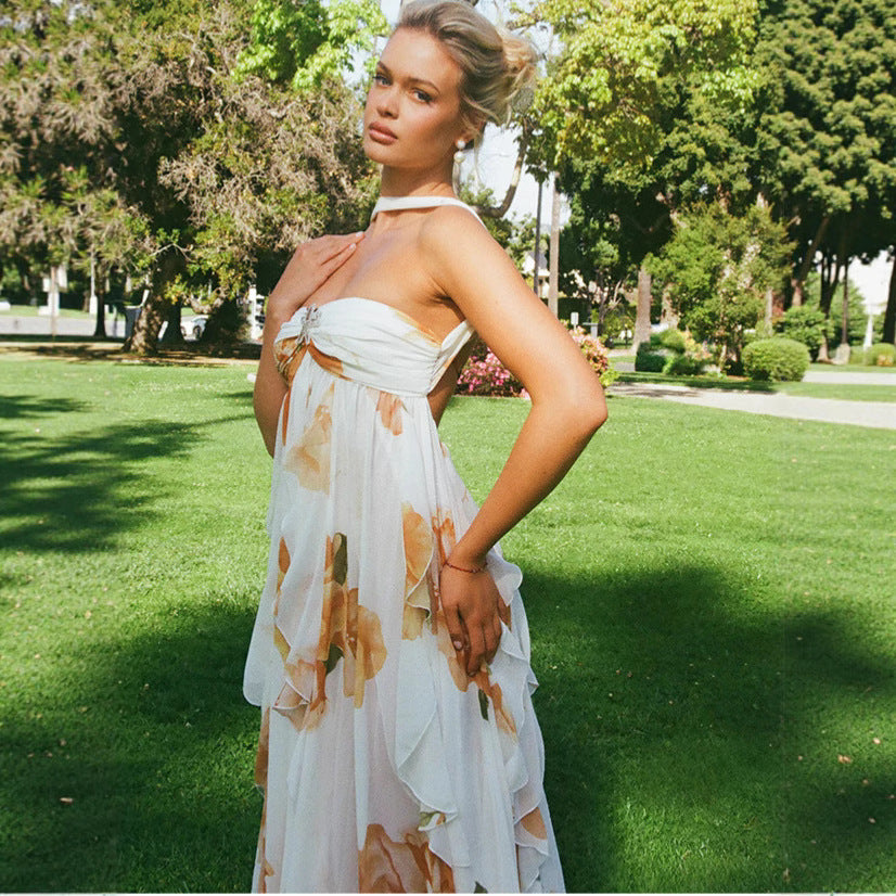 Robe longue dos nu à fleurs jaunes