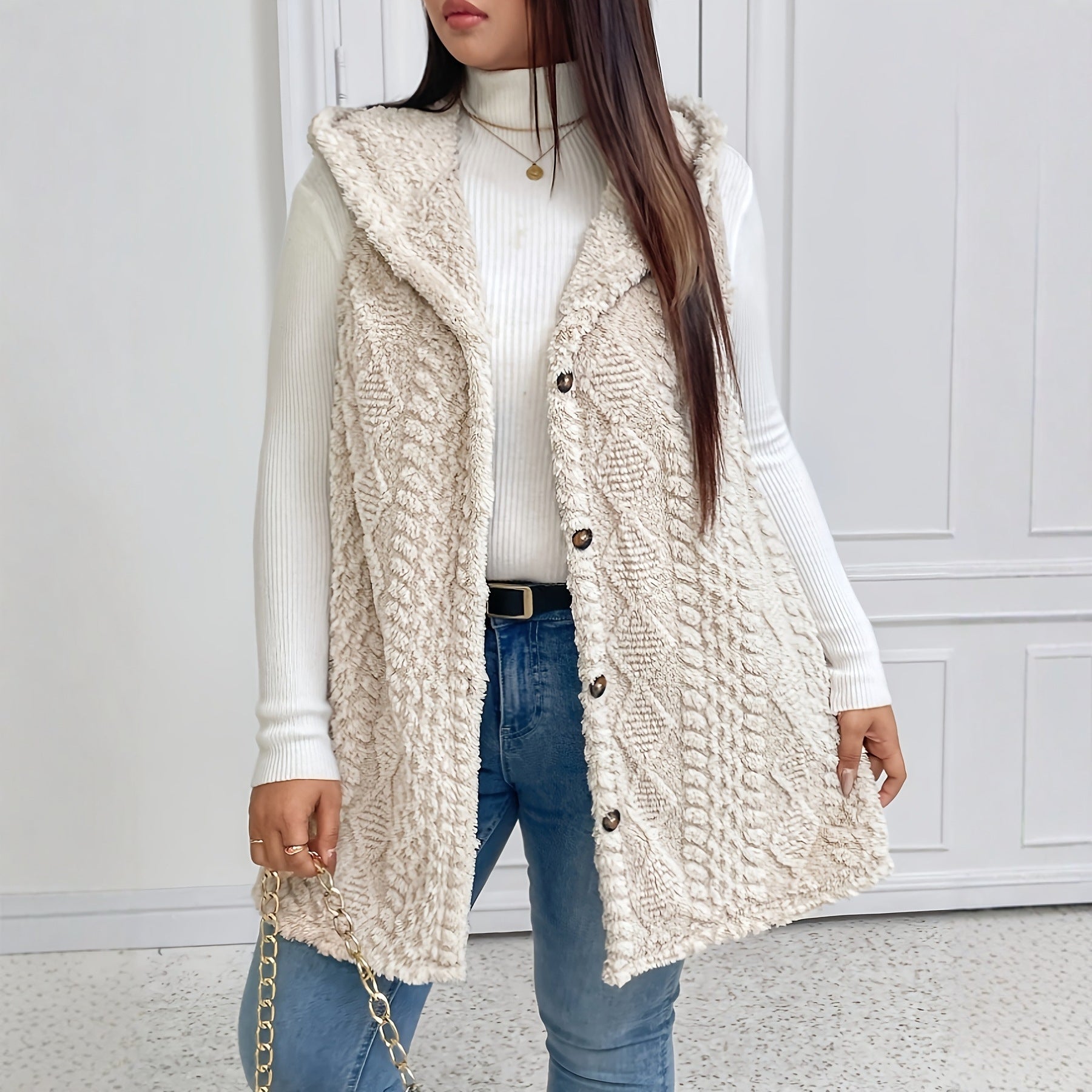 Gilet cardigan à capuche en peluche