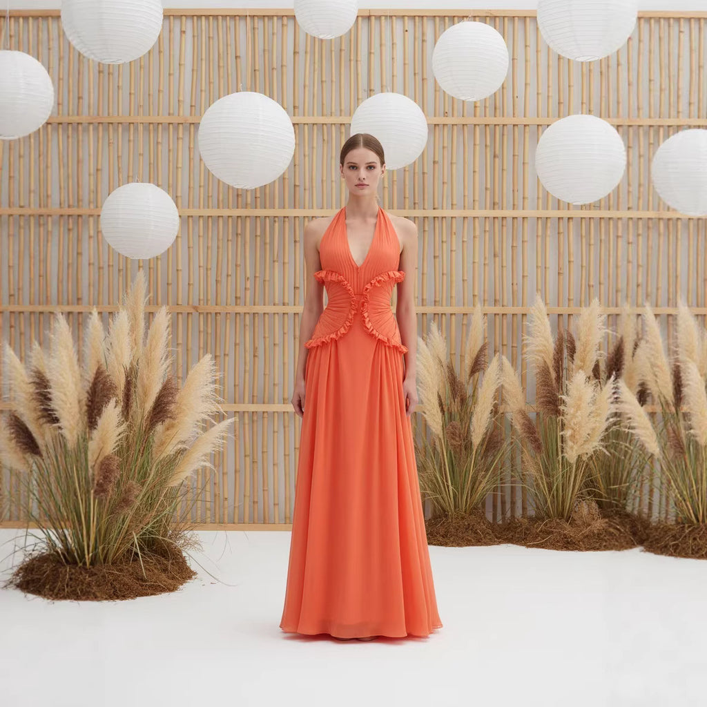 Robe longue orange à encolure cache-cœur