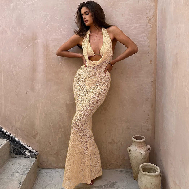 Robe cache-cœur dentelle abricot sans manches