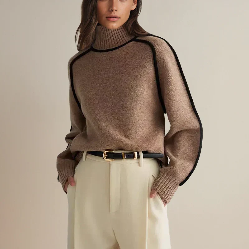 Femme portant un pull col roulé marron avec bordures noires, ceinture noire et pantalon beige. Mode automne-hiver élégante et moderne.