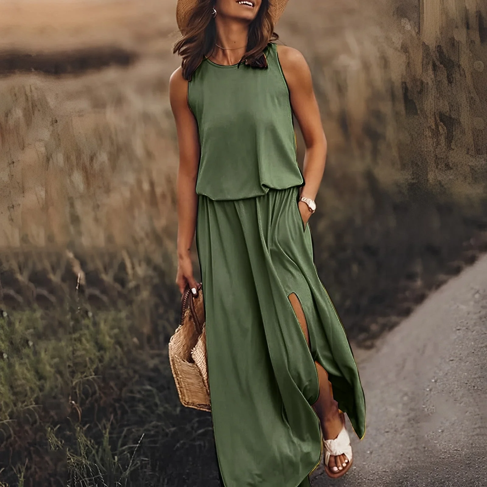 Femme en robe longue verte avec fente, portant un chapeau de paille et un sac en osier, marchant sur un chemin rural. Mode estivale élégante.