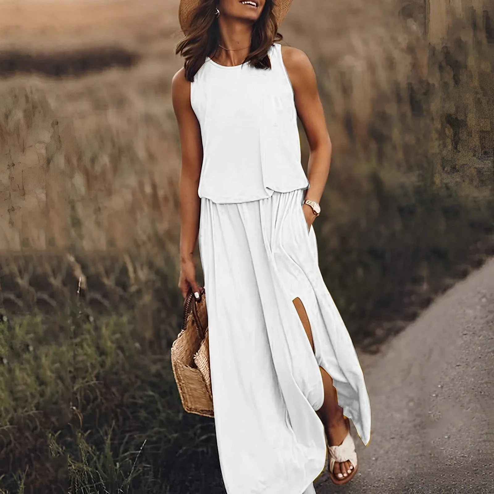 Femme en robe blanche d'été, chapeau de paille, sandales, tenant un sac en osier, marchant sur un chemin rural. Mode estivale élégante.
